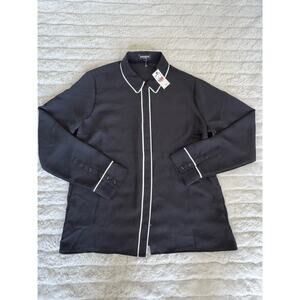 Express Black Button-Up Blouse Women's Collared Long Sleeve Contrast Trim Size M